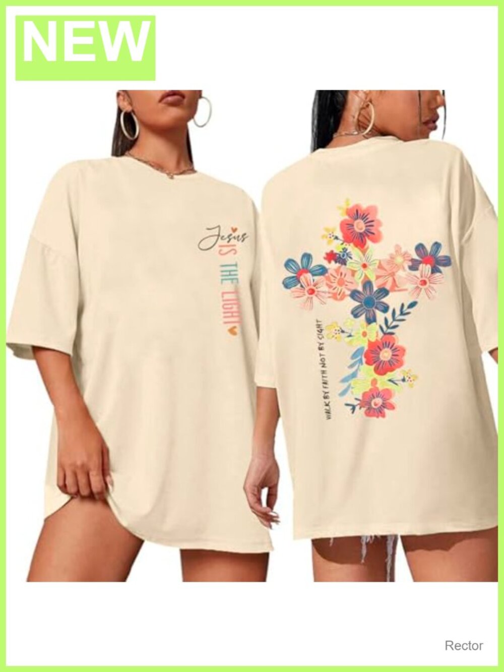 Oversized Floral Christian Faith T-Shirt Short Sleeve Crew Neck
